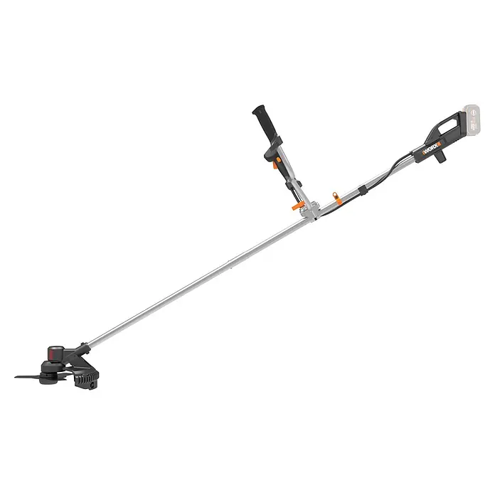 Worx PowerShare 20V Akku-Motorsense WG082E.9 - Ohne Akku, Schnittbreite Faden: 30 cm, Schnittbreite Messer: 25,5 cm - WORX Akku-Rasentrimmer, schwarz und grau mit orangefarbenen Akzenten, mit langem Stiel.