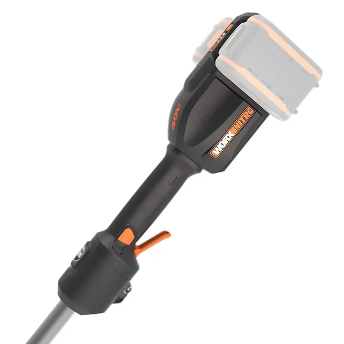 Worx PowerShare 20V Akku-Rasentrimmer WG185E.9 - 40 V, Ohne Akku, Schnittbreite Faden: 38 cm - Schwarzer und oranger 40V WORX NITRO Akku-Gerätekopf mit „POWER SHARE“ Branding und transparentem Akkuschacht.