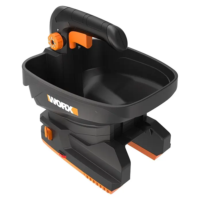 Worx PowerShare 20V Akku-Handstreuer WG869E.9 - 20 V, Ohne Akku - Schwarz-oranger WORX Gartenstreuer mit Griff, nummeriertem Einstellrad und breitem Behälter.