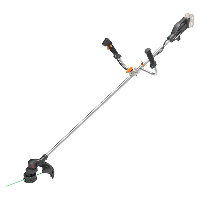 Worx PowerShare 20V Akku-Motorsense WG082E.9 - Ohne Akku, Schnittbreite Faden: 30 cm, Schnittbreite Messer: 25,5 cm - Akku-Motorsense mit silbernem Schaft, schwarzen Griffen, orangefarbenen Akzenten und schwarzem Trimmerkopf mit grünem Faden.