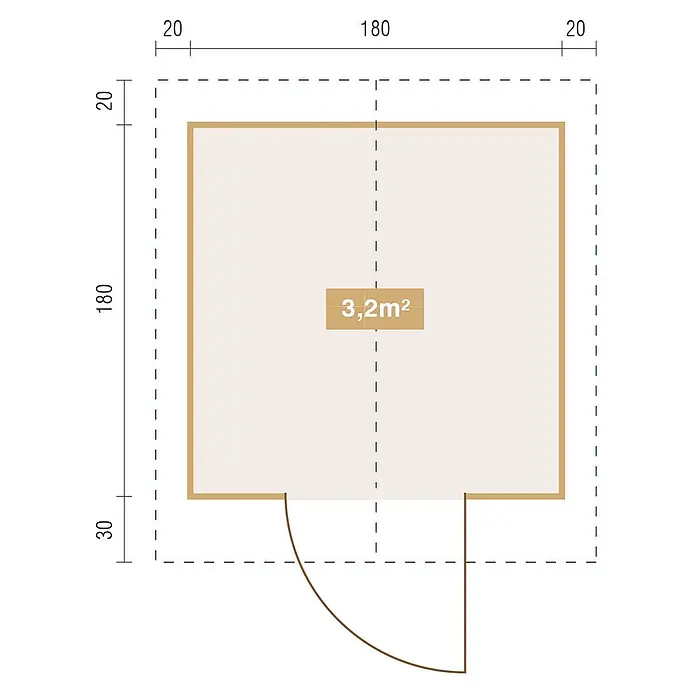 Fjordholz Gartenhaus Anna 28 ohne Imprägnierung - Außenmaß inkl. Dachüberstand (B x T): 200 x 200 cm, Holz, Naturbelassen - Grundriss eines 3,2m² Gartenhauses mit 180x180 cm Innenmaßen und Tür, inklusive Überstände.