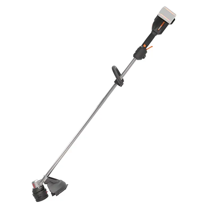 Worx PowerShare 20V Akku-Rasentrimmer WG185E.9 - 40 V, Ohne Akku, Schnittbreite Faden: 38 cm - Akku-Grau-Schwarz-Rasentrimmer mit orangefarbenen Akzenten und schwarzem Griff zur Gartenpflege.