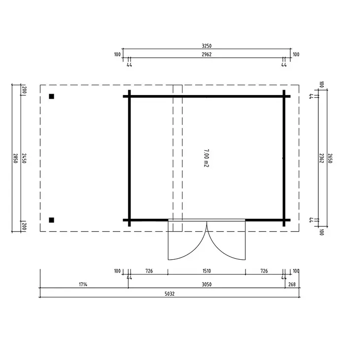 Fjordholz Gartenhaus Varianta 44 C +SD Moderne-Tür (Milchglas) - Außenmaß inkl. Dachüberstand (B x T): 483,2 x 245 cm, Holz, Farbbehandlung Carbongrau - Grundriss einer kleinen Hütte mit detaillierten Maßen und einer Innenfläche von 7,00 m².