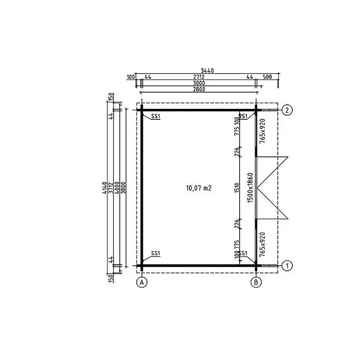 Fjordholz Gartenhaus Sören 44 - Außenmaß inkl. Dachüberstand (B x T): 400 x 300 cm, Holz, ohne Imprägnierung - Grundriss einer rechteckigen Hütte mit Maßen, Türen, Fenstern und einer Fläche von 10,07 m².