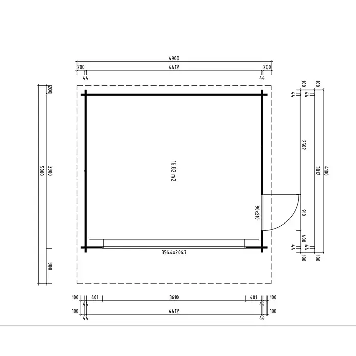 Fjordholz Gartenhaus - Außenmaß inkl. Dachüberstand (B x T): 490 x 490 cm, Holz, Grau Imprägnierung - Grundriss eines rechteckigen Gebäudes mit Gesamtabmessungen, einer Innenfläche von 16,82 m² sowie Tür- und Fensteranordnung.
