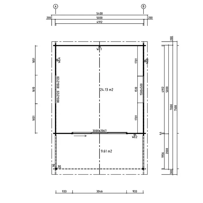 Fjordholz Gartenhaus - Außenmaß inkl. Dachüberstand (B x T): 520 x 720 cm, Holz, Grau Imprägnierung - Architekturzeichnung eines Gebäudegrundrisses und Außenmaßen, mit zwei Räumen, angegebenen Flächen und verschiedenen Öffnungsgrößen.