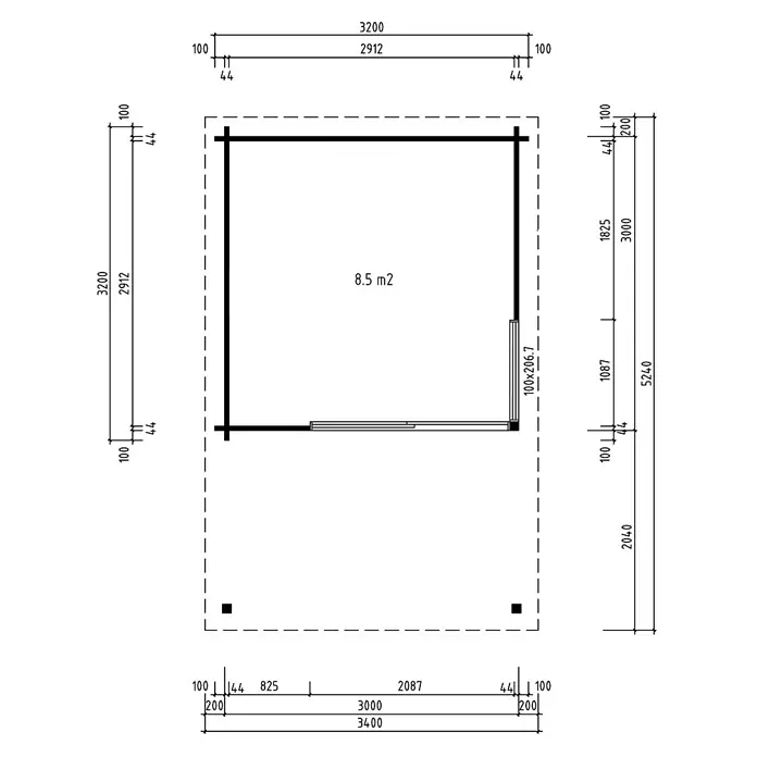 Fjordholz Gartenhaus - Außenmaß inkl. Dachüberstand (B x T): 320 x 504 cm, Holz, Grau Imprägnierung - Grundriss eines kleinen Schuppens mit Maßen und einer Fläche von 8,5 m2.