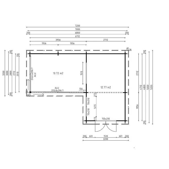 Fjordholz Gartenhaus - Außenmaß inkl. Dachüberstand (B x T): 700 x 500 cm, Holz, Grau Imprägnierung - Technische Zeichnung eines Gebäudegrundrisses mit Raummaßen, Flächen (10,72 m², 12,77 m²) und Aluminiumelementen.