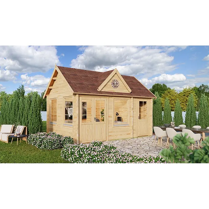 Fjordholz Gartenhaus Teehaus Dover 70 Farbbehandlung Lichtgrau - Außenmaß inkl. Dachüberstand (B x T): 475 x 325 cm, Holz, Naturbelassen - Geräumiges helles Holzgartenhaus mit rotbraunem Schindeldach, in einem üppigen Garten mit Steinterrasse und Sitzgelegenheiten.