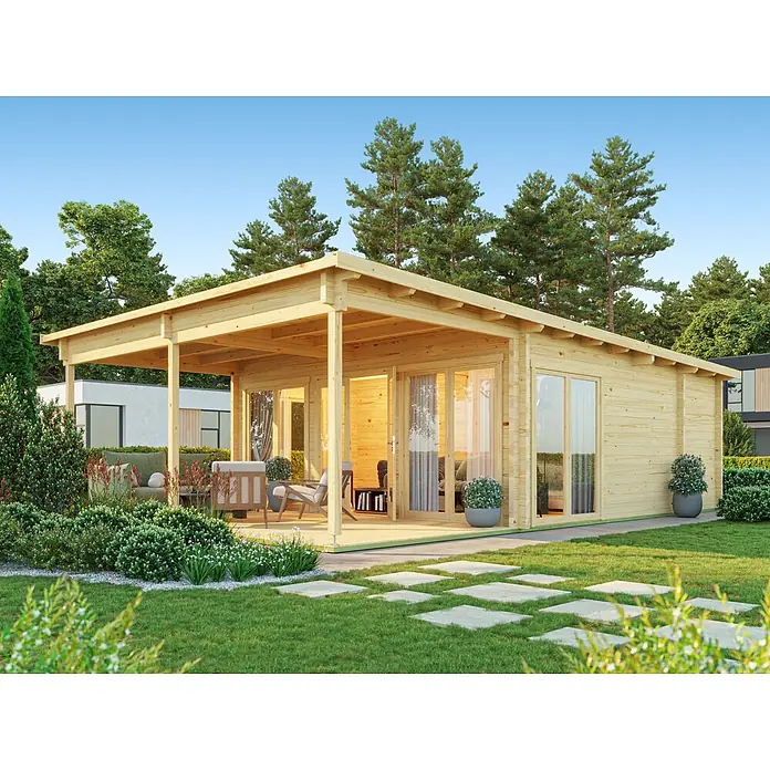 Fjordholz Gartenhaus Taunus 70 mit Vordach - Außenmaß inkl. Dachüberstand (B x T): 873,4 x 591,3 cm, Holz, Farblose Imprägnierung - Helle Gartenhütte aus Holz mit überdachter Veranda, großen Fenstern und Sitzgelegenheiten im Garten.