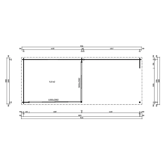 Fjordholz Gartenhaus - Außenmaß inkl. Dachüberstand (B x T): 931,6 x 358 cm, Holz, Grau Imprägnierung - Technische Zeichnung eines rechteckigen Grundrisses mit Maßen, einer Innenwand und zwei Türen. Eine Fläche von 14,8 m2 ist für einen Raum angegeben.