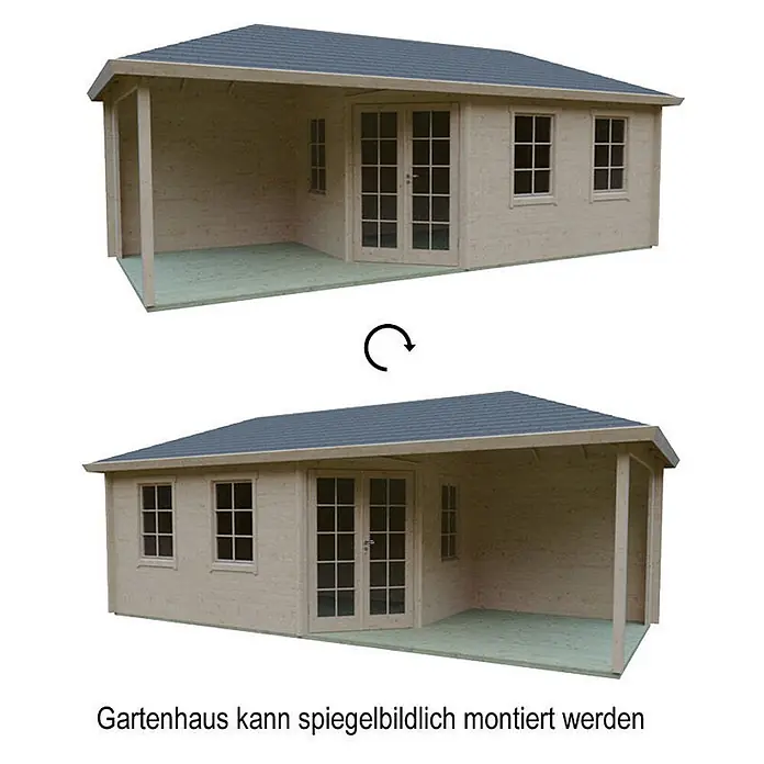 Fjordholz Gartenhaus Kiano 44 C - Außenmaß inkl. Dachüberstand (B x T): 720 x 320 cm, Holz, Kiefer/Pinie Imprägnierung - Helles Holz-Gartenhaus mit grauem Dach und Veranda, spiegelbildlich montierbar.
