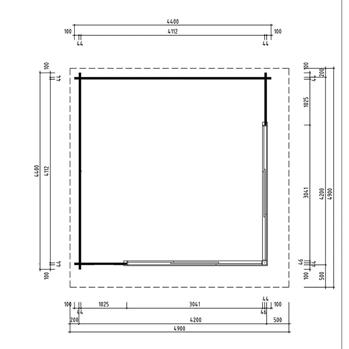 Fjordholz Gartenhaus - Außenmaß inkl. Dachüberstand (B x T): 440 x 440 cm, Holz, ohne Imprägnierung - Architektonischer Grundriss eines rechteckigen Gebäudes mit detaillierten Außen- und Innenmaßen.