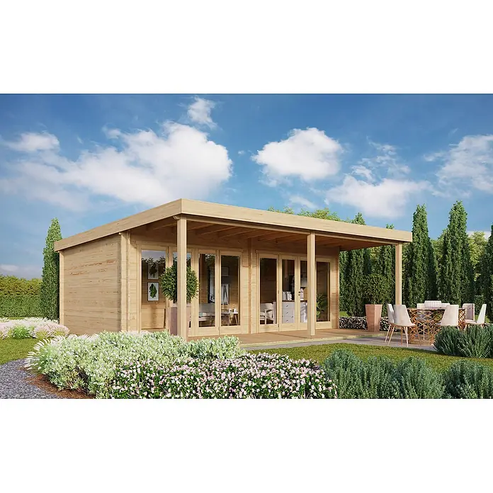 Fjordholz Gartenhaus Kevin 70 mit Vordach Farbbehandlung Lichtgrau - Außenmaß inkl. Dachüberstand (B x T): 700 x 630 cm, Holz, Naturbelassen - Geräumiges Gartenhaus aus hellem Holz mit großen Glastüren und überdachter Terrasse, idyllisch im Garten gelegen.