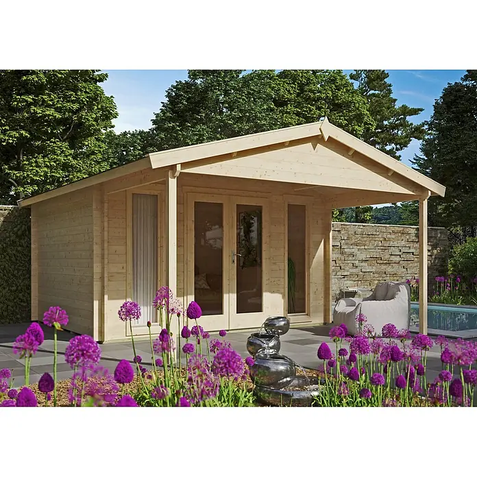 Fjordholz Gartenhaus Luise 40 D - Außenmaß inkl. Dachüberstand (B x T): 380 x 500 cm, Holz, Naturbelassen - Gartenhaus aus hellem Holz mit überdachter Terrasse, ideal als Gartenbüro oder Sommerhaus.