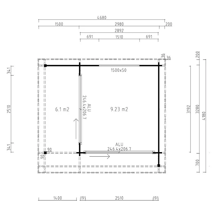 Fjordholz Gartenhaus - Außenmaß inkl. Dachüberstand (B x T): 448 x 398 cm, Holz, Grau Imprägnierung - Technische Zeichnung eines zweiräumigen Grundrisses für einen Schuppen oder eine Hütte, mit Maßen, Flächen und Aluminiumtüren.