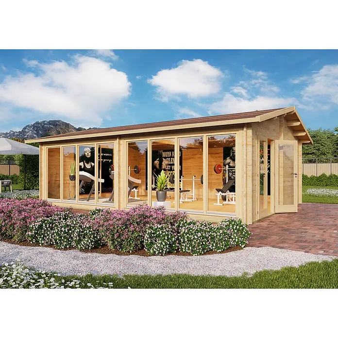 Fjordholz Gartenhaus Marina 44 - Außenmaß inkl. Dachüberstand (B x T): 800 x 575 cm, Holz, ohne Imprägnierung - Gartenhaus aus hellem Holz mit Panoramafenstern, als Heim-Fitnessstudio in einem lebhaften Garten.