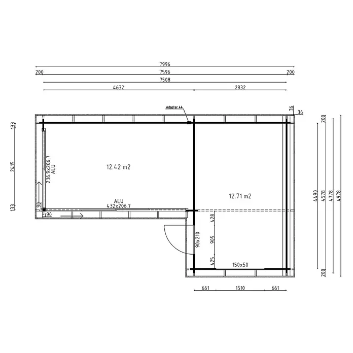 Fjordholz Gartenhaus - Außenmaß inkl. Dachüberstand (B x T): 779,6 x 477,8 cm, Holz, Grau Imprägnierung - Technischer Grundriss eines Gebäudes mit detaillierten Maßen, Raumflächen, Aluminiumfenstern und einer Tür.