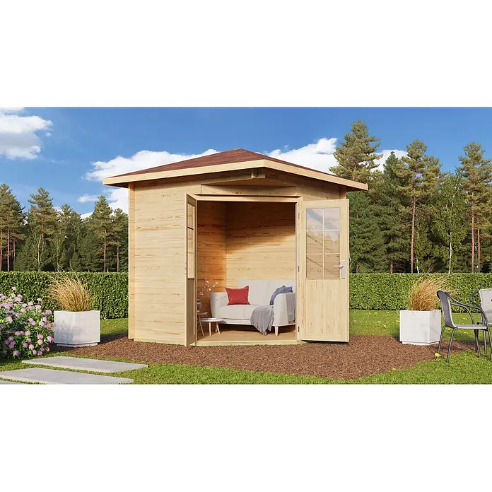 Fjordholz Gartenhaus Nina 44 B Farbbehandlung Schwedenrot - Außenmaß inkl. Dachüberstand (B x T): 250 x 250 cm, Holz, Naturbelassen - Gartenhaus aus Naturholz mit Sofa, als gemütlicher Rückzugsort im Garten genutzt.