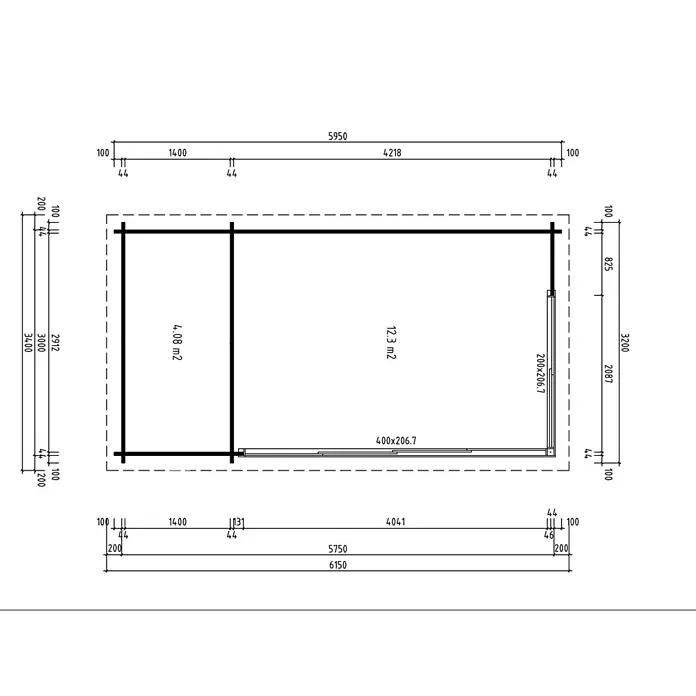 Fjordholz Gartenhaus - Außenmaß inkl. Dachüberstand (B x T): 595 x 320 cm, Holz, Grau Imprägnierung - Architektonischer Grundriss mit zwei Räumen, einer Tür und detaillierten Außen- und Innenmaßen.