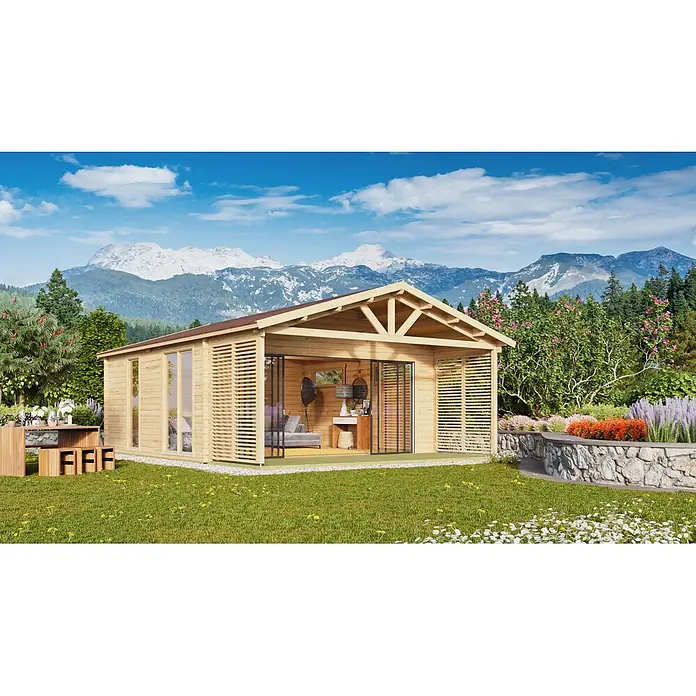Fjordholz Gartenhaus - Außenmaß inkl. Dachüberstand (B x T): 598 x 798 cm, Holz, Grau Imprägnierung - Gartenhaus aus Holz mit Glasschiebetüren, funktionaler Innenlounge und separatem Essbereich im Freien, in einer Berglandschaft.