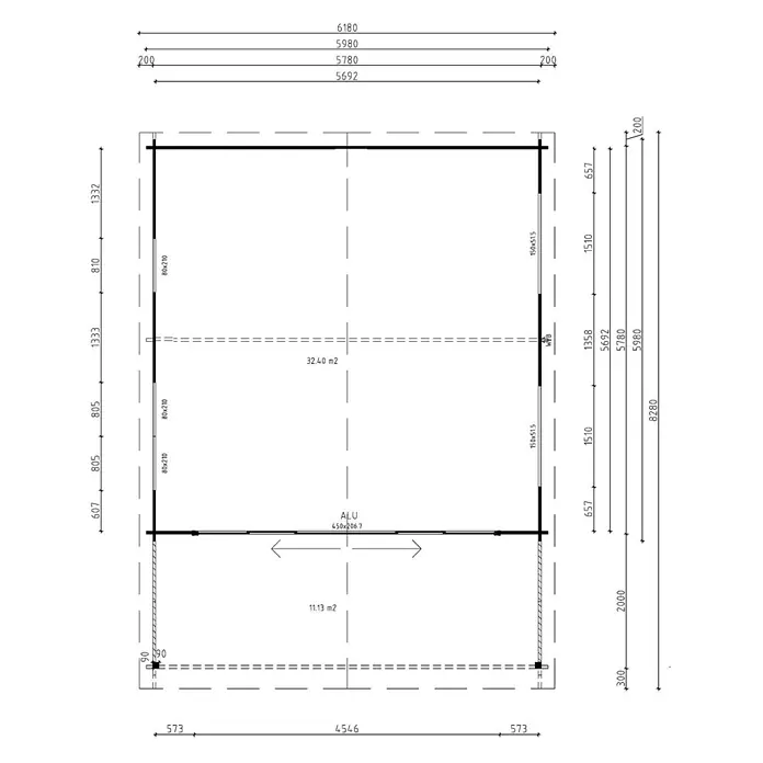 Fjordholz Gartenhaus - Außenmaß inkl. Dachüberstand (B x T): 598 x 798 cm, Holz, Grau Imprägnierung - Gebäudegrundriss mit Maßen, zeigt zwei Räume von 32.40 m² und 11.13 m².