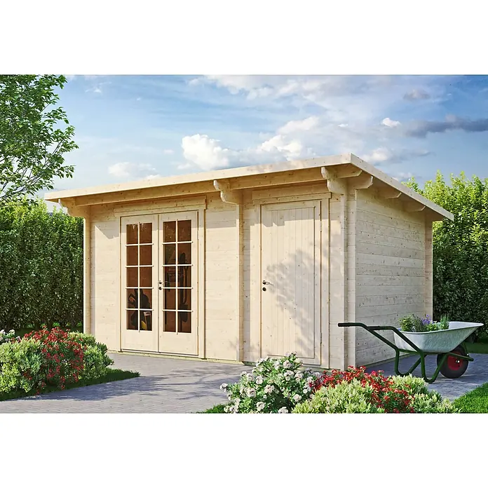 Fjordholz Gartenhaus Jacob 44 A mit Abstellraum - Außenmaß inkl. Dachüberstand (B x T): 450 x 300 cm, Holz, Farbbehandlung Schwedenrot - Gartenhaus aus hellem Holz mit doppelten Glastüren und einer massiven Seitentür.