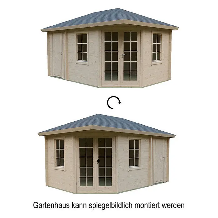Fjordholz Gartenhaus Kiano 70 B - Außenmaß inkl. Dachüberstand (B x T): 470 x 320 cm, Holz, Grau Imprägnierung - Gartenhaus aus hellem Holz mit dunklem Dach und Anbauschuppen. Spiegelbildliche Montage möglich.