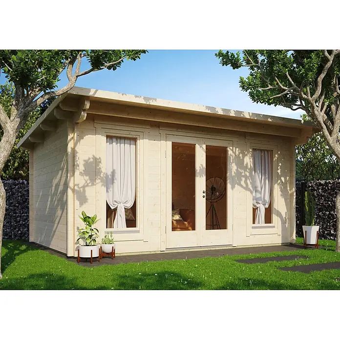 Fjordholz Gartenhaus Jacob 70 D - Außenmaß inkl. Dachüberstand (B x T): 480 x 300 cm, Holz, ohne Imprägnierung - Helles Holz-Gartenhaus mit Flachdach, Glastüren und Fenstern.