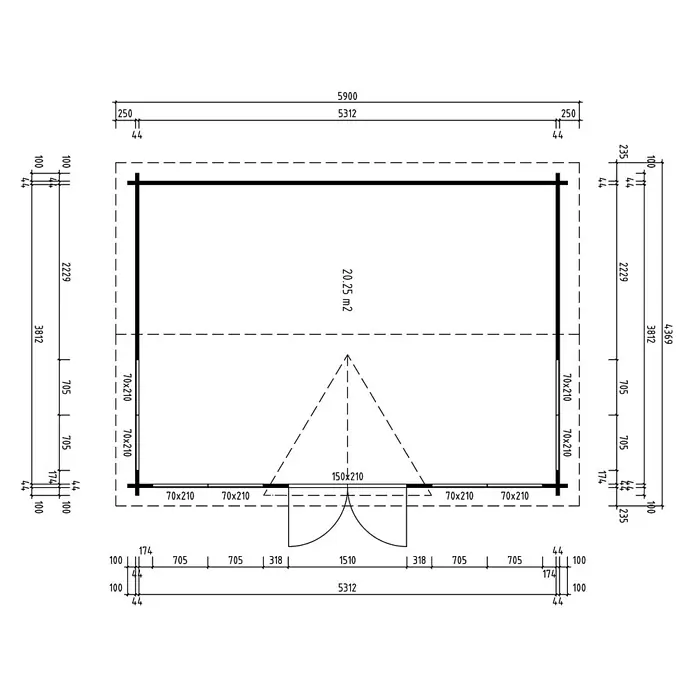 Fjordholz Gartenhaus Teehaus Wakefield 44 Farbbehandlung Schwedenrot - Außenmaß inkl. Dachüberstand (B x T): 560 x 410 cm, Holz, Naturbelassen - Draufsicht eines Gebäudes mit Maßen, Türöffnungen und einer Fläche von 20,25 m².