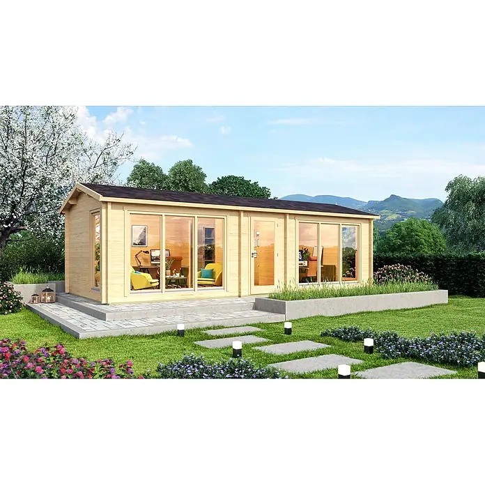 Fjordholz Gartenhaus Officehouse 70 Grau Imprägnierung - Außenmaß inkl. Dachüberstand (B x T): 298 x 298 cm, Holz, Naturbelassen - Helles Gartenbüro aus Holz mit großen Glastüren und dunklem Dach, in einem grünen Garten mit gepflastertem Eingang.