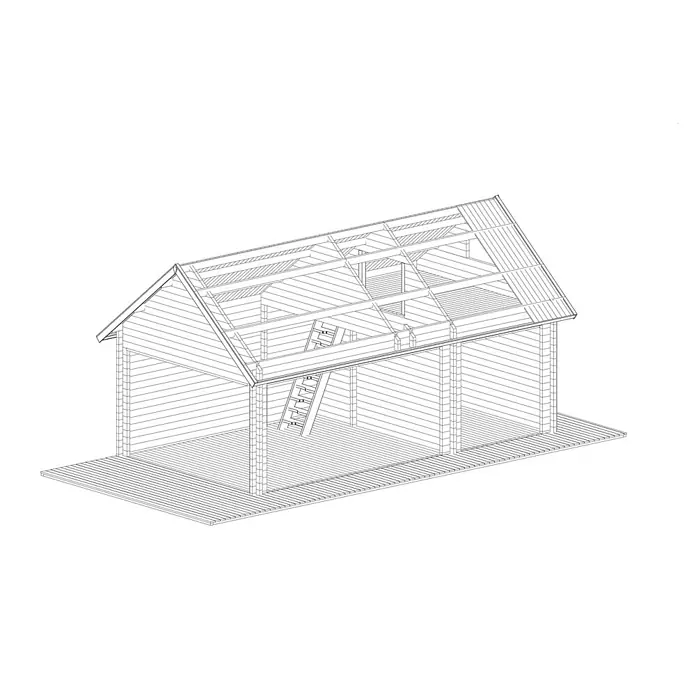 Fjordholz Gartenhaus 9004230 Alu Concept Lounge Marek 90 IMP Grau Grau Imprägnierung - Außenmaß inkl. Dachüberstand (B x T): 764 x 420 cm, Holz, Naturbelassen - Strichzeichnung eines offenen Holzschuppens mit Giebeldach, Holzrahmen, Dachboden und Leiter auf einem Holzdeck.