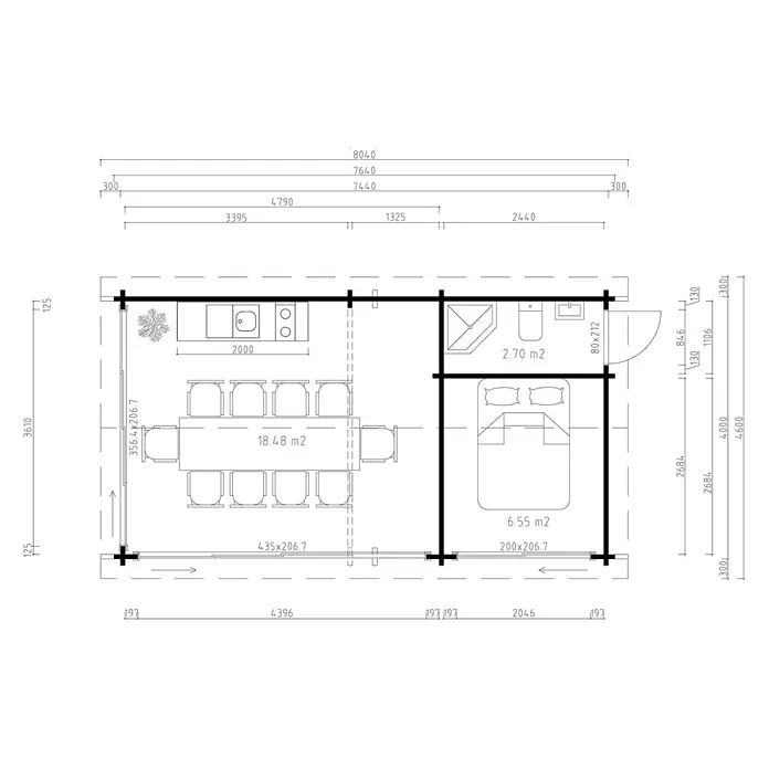Fjordholz Gartenhaus 9004230 Alu Concept Lounge Marek 90 IMP Grau Grau Imprägnierung - Außenmaß inkl. Dachüberstand (B x T): 764 x 420 cm, Holz, Naturbelassen - Detaillierter Grundriss einer kleinen Wohnung mit Küche/Wohnzimmer (18,48 m²), Schlafzimmer (6,55 m²), Bad (2,70 m²) und Gesamtabmessungen.