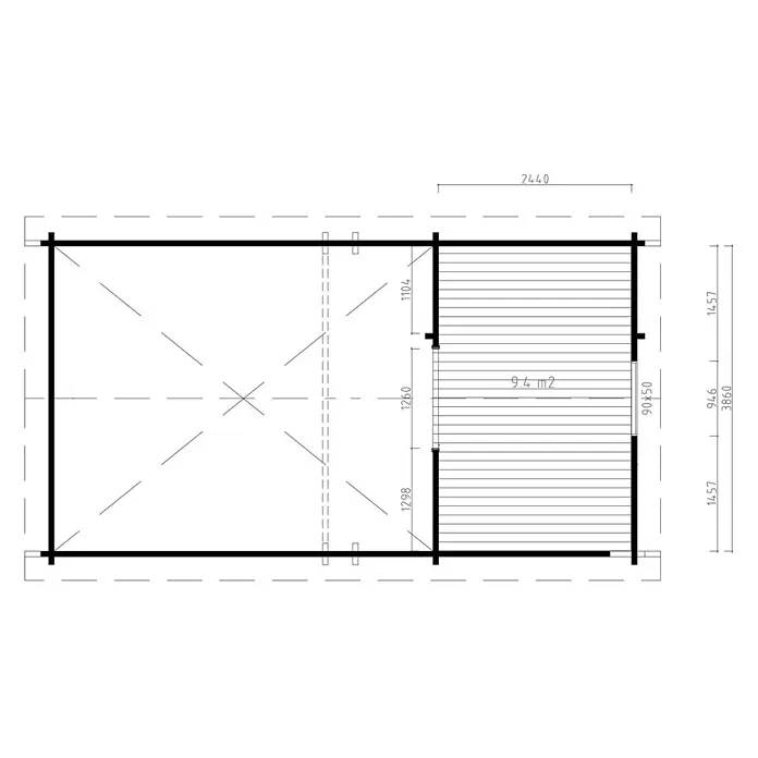 Fjordholz Gartenhaus 9004230 Alu Concept Lounge Marek 90 IMP Grau Grau Imprägnierung - Außenmaß inkl. Dachüberstand (B x T): 764 x 420 cm, Holz, Naturbelassen - Grundrisszeichnung eines rechteckigen Gebäudes mit angebauter Terrasse, inklusive detaillierter Maße.