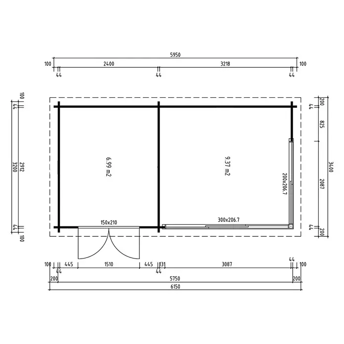 Fjordholz Gartenhaus - Außenmaß inkl. Dachüberstand (B x T): 595 x 320 cm, Holz, Grau Imprägnierung - Technische Zeichnung mit Grundriss von zwei Räumen (6,99 m², 9,37 m²), Bemaßungen, Doppeltür und zwei Fenster-/Türöffnungen.