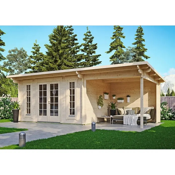 Fjordholz Gartenhaus Jacob 44 B mit Seitendach - Außenmaß inkl. Dachüberstand (B x T): 690 x 300 cm, Holz, Farblose Imprägnierung - Ein heller Holzgartenpavillon mit Doppeltüren und integrierter überdachter Terrasse mit Gartenmöbeln.