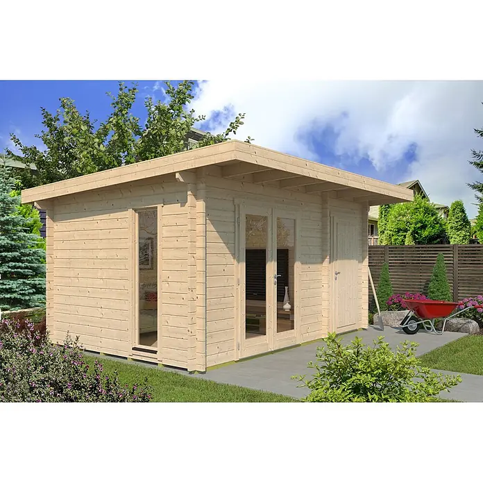 Fjordholz Gartenhaus Heino 44 Farbbehandlung Schwedenrot - Außenmaß inkl. Dachüberstand (B x T): 470 x 320 cm, Holz, Naturbelassen - Helles Holz Gartenhaus mit Flachdach, mehreren Türen und Fenstern.