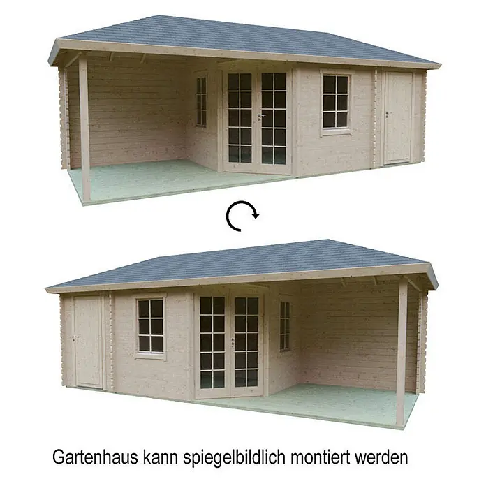 Fjordholz Gartenhaus Kiano 70 A - Außenmaß inkl. Dachüberstand (B x T): 720 x 320 cm, Holz, Farblose Imprägnierung - Helles Holz-Gartenhaus mit Veranda, gezeigt in zwei spiegelbildlichen Montageoptionen.