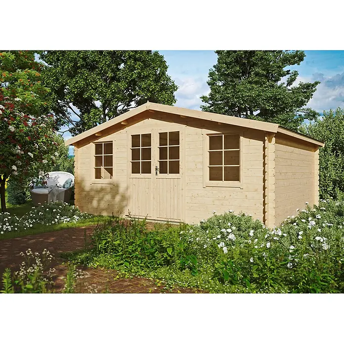 Fjordholz Gartenhaus Ria 28 Farbbehandlung Schwedenrot - Außenmaß inkl. Dachüberstand (B x T): 508 x 388 cm, Holz, Naturbelassen - Kleiner Gartenhaus aus hellem Holz mit Fenstern und Doppeltür, umgeben von üppigem Grün und Blumen.