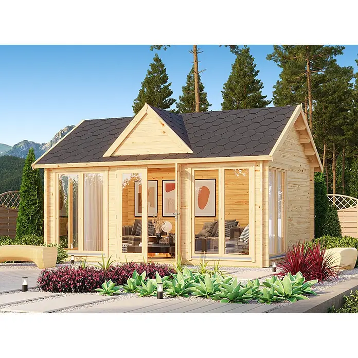 Fjordholz Gartenhaus Teehaus Wakefield 44 Farbbehandlung Schwedenrot - Außenmaß inkl. Dachüberstand (B x T): 560 x 410 cm, Holz, Naturbelassen - Helle Gartenhütte aus Holz mit dunklem Schindeldach, in einem Garten mit Bergen.