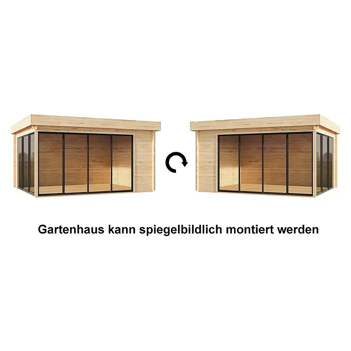 Fjordholz Gartenhaus - Außenmaß inkl. Dachüberstand (B x T): 478 x 358 cm, Holz, Grau Imprägnierung - Gartenhaus aus Holz mit Glasfront, spiegelbildlich montierbar.