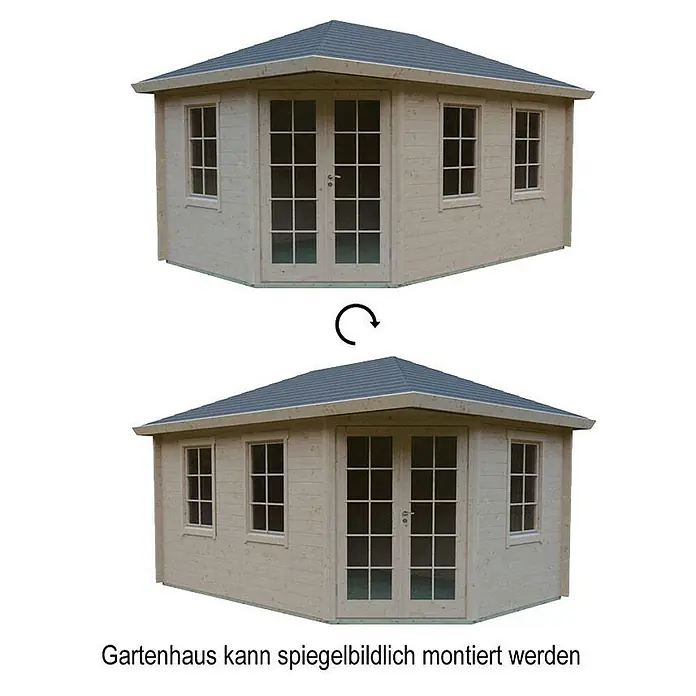 Fjordholz Gartenhaus Kiano 44 D Grau Imprägnierung - Außenmaß inkl. Dachüberstand (B x T): 470 x 320 cm, Holz, Naturbelassen - Helles Gartenhaus aus Holz mit grauem Dach, Doppeltür und Fenstern, zeigend die spiegelbildliche Montagemöglichkeit.