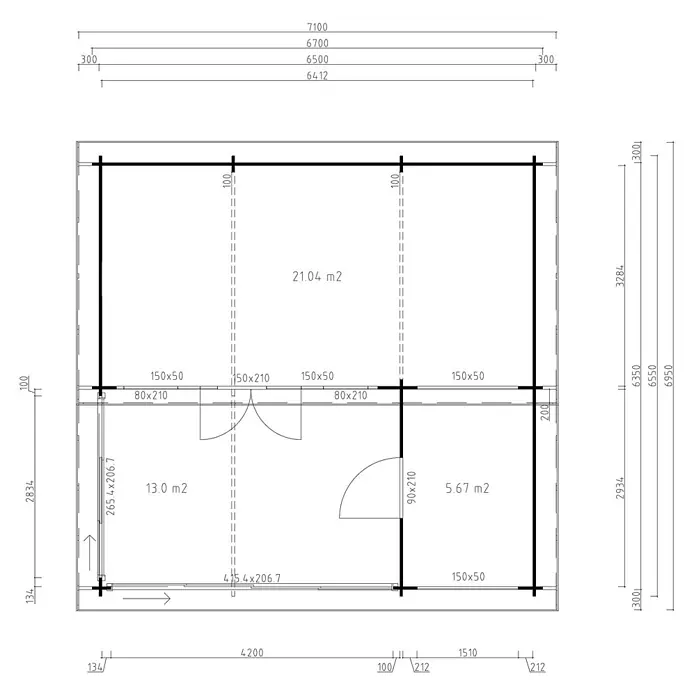 Fjordholz Gartenhaus - Außenmaß inkl. Dachüberstand (B x T): 670 x 655 cm, Holz, Farbbehandlung Schwedenrot - Detaillierter Grundriss einer Kabine mit Raumaufteilung, Maßen und Flächenangaben.