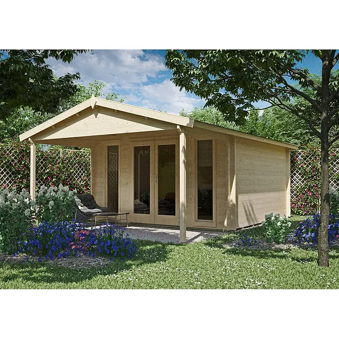Fjordholz Gartenhaus Luise 40 F - Außenmaß inkl. Dachüberstand (B x T): 380 x 580 cm, Holz, Naturbelassen - Helle Gartenhütte aus Holz mit überdachter Veranda, Glastüren und Fenstern im Garten.