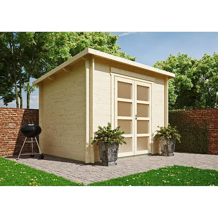 Fjordholz Gartenhaus Max 44 D Ganzglas-Tür - Außenmaß inkl. Dachüberstand (B x T): 300 x 240 cm, Holz, Grau Imprägnierung - Helles Gartenhaus aus Holz mit Doppeltüren und Pultdach, auf Pflastersteinen im Garten.
