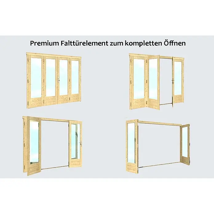 Fjordholz Gartenhaus Anbau Lounge 44 A - Außenmaß inkl. Dachüberstand (B x T): 300 x 380 cm, Holz, Naturbelassen - Premium Falttürelement aus hellem Holz mit Glas, das den vollständigen Öffnungsprozess zeigt.