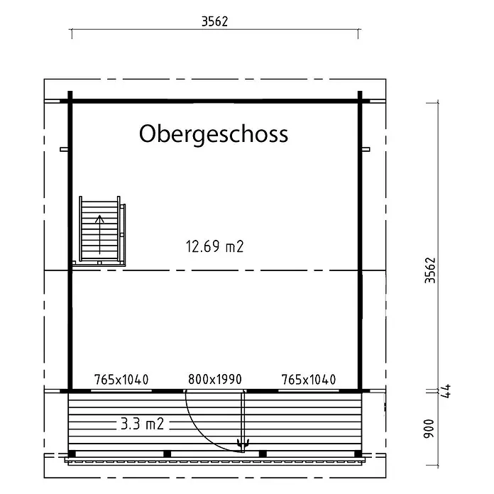 Fjordholz Gartenhaus Odina 44 - Außenmaß inkl. Dachüberstand (B x T): 385 x 475 cm, Holz, Naturbelassen - Grundriss mit Obergeschoss (12.69 m²) von 3562x3562 mm und unterem Balkon (3.3 m²).