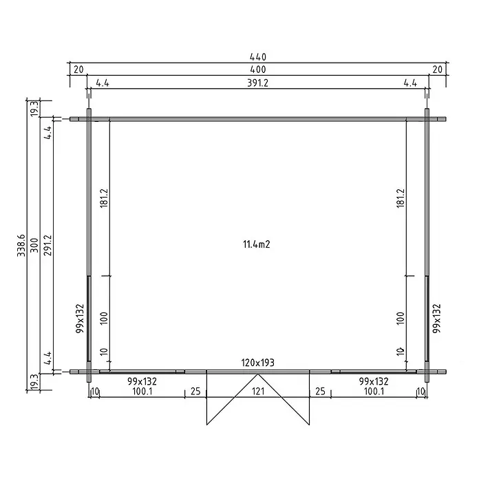Fjordholz Gartenhaus Teehaus Windsor 44 Farbbehandlung Carbongrau - Außenmaß inkl. Dachüberstand (B x T): 420 x 319,3 cm, Holz, Naturbelassen - Grundrisszeichnung eines Gebäudes. Sie zeigt Außen- und Innenmaße, Wandabschnitte, eine Türöffnung und eine Fläche von 11,4 m².