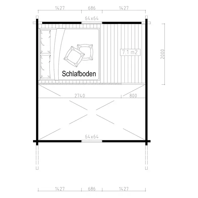 Fjordholz Gartenhaus Sönke 44 B - Außenmaß inkl. Dachüberstand (B x T): 388 x 488 cm, Holz, ohne Imprägnierung - Grundriss eines Schlafbodens, mit Maßen und einer Fläche von 7,1 m².