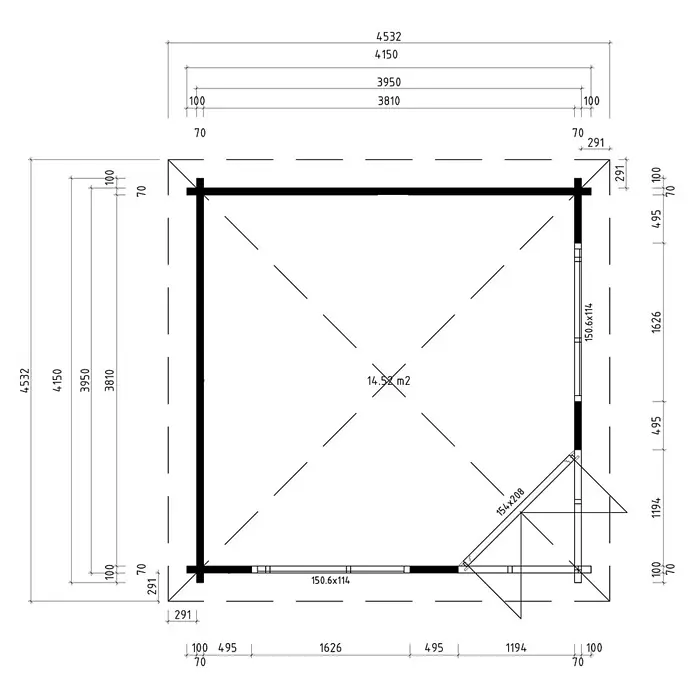 Fjordholz Gartenhaus Cati 70 Klassik - Außenmaß inkl. Dachüberstand (B x T): 415 x 415 cm, Holz, Naturbelassen - Detaillierter Grundriss mit Gesamt- und Innenmaßen, einschließlich einer Fläche von 14,52 m2 und spezifischen Wand-/Türabmessungen.